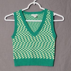 FULL TILT Wavy Checkerboard Womens Vest Size XS Green Pastel Yellow Y2K Punk